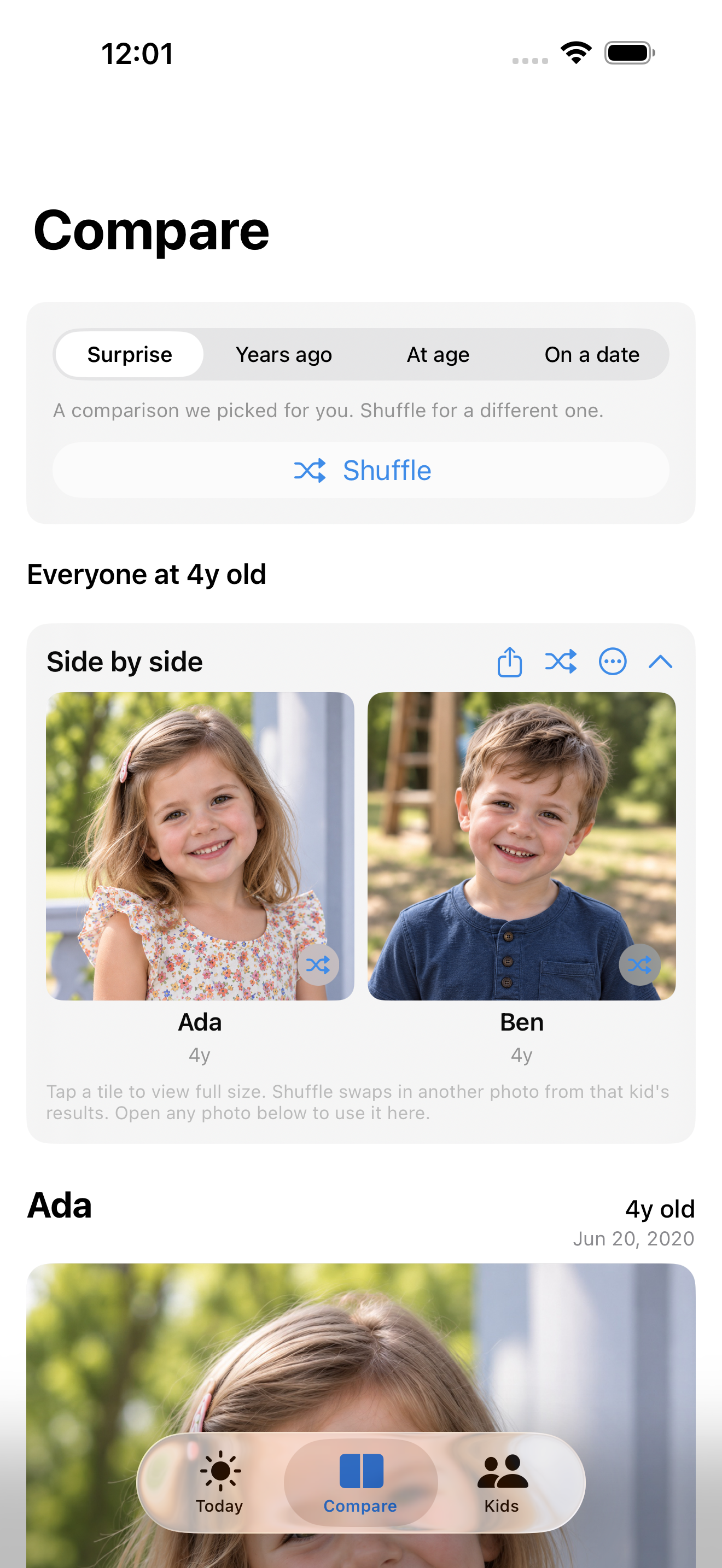 The Compare view showing Ada and Ben at four years old