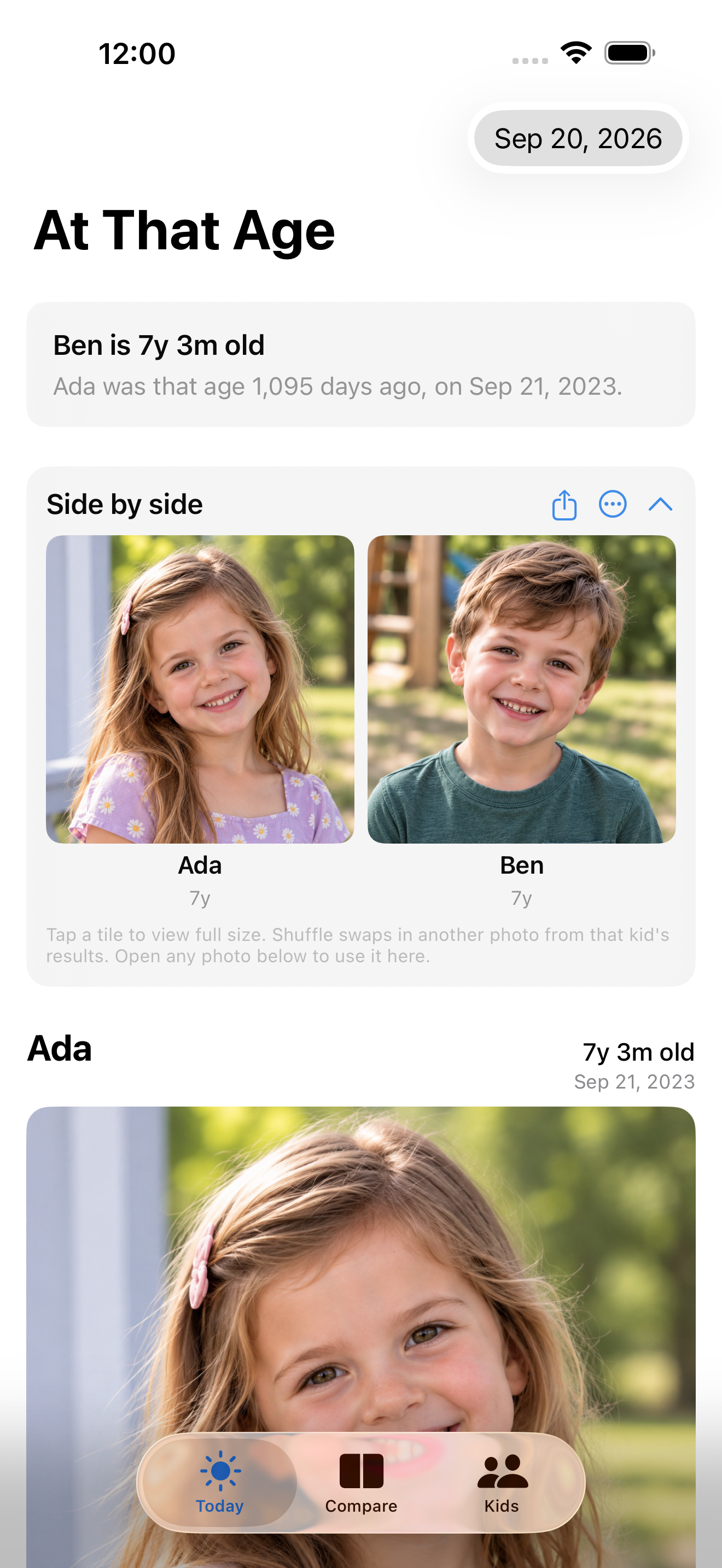 The Today view in At That Age, showing Ada and Ben side by side at the same age